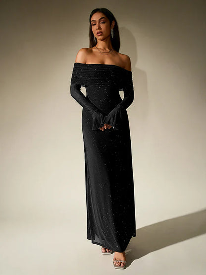 Ines - Robe de soirée femme longue à paillettes et épaules dénudées moulante