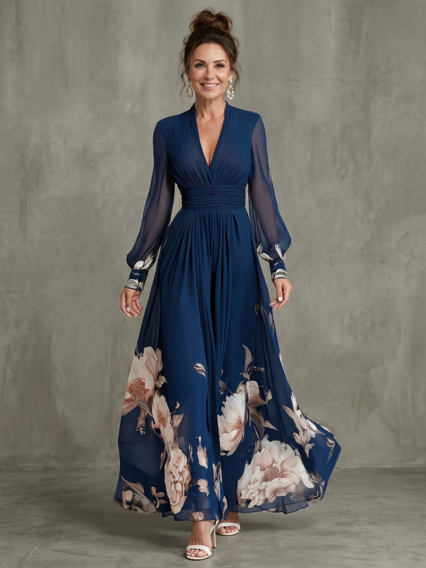 Isabelle - Robe Longue Élégante Femme avec Manches Longues et Imprimé Floral