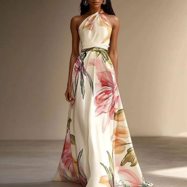 Isabelle - Robe Élégante Invitée Mariage Femme avec Col Halter et Imprimé Floral