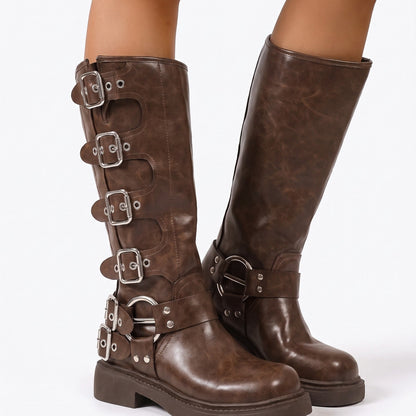 Jade - Bottes femme hautes et larges à talon avec boucles et style vintage