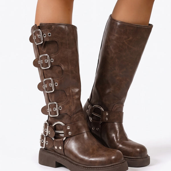 Jade - Bottes femme hautes et larges à talon avec boucles et style vintage
