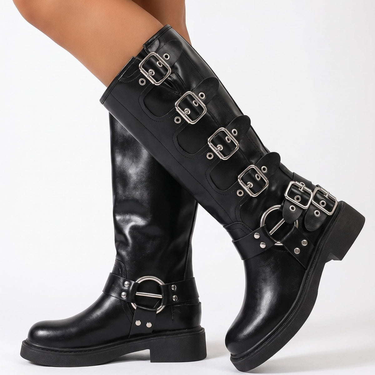 Jade - Bottes femme hautes et larges à talon avec boucles et style vintage