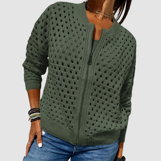 Jade - Cardigan femme en maille ajourée zippé oversize et décontracté