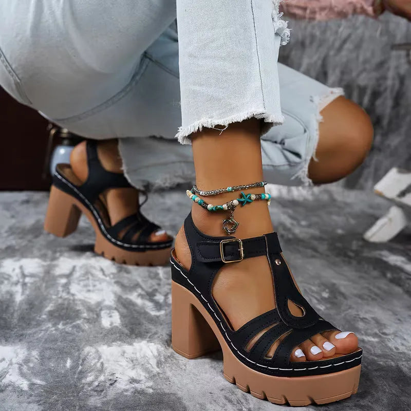 Jade - Sandales Orthopédiques Femme Élégantes à Talon Bloc et Plateforme Crantée
