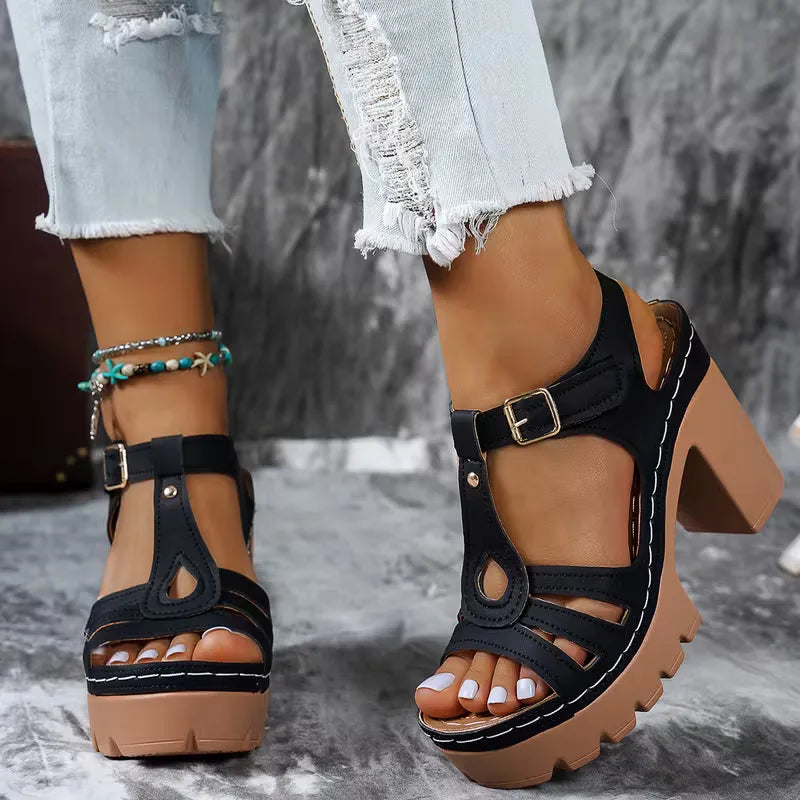 Jade - Sandales Orthopédiques Femme Élégantes à Talon Bloc et Plateforme Crantée