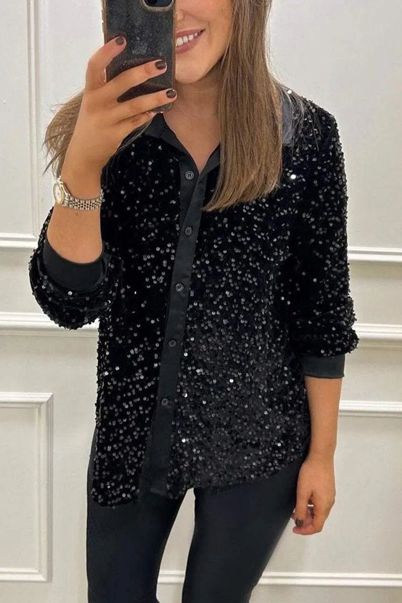 Jade - Top femme à paillettes et manches longues pour soirée et réveillon