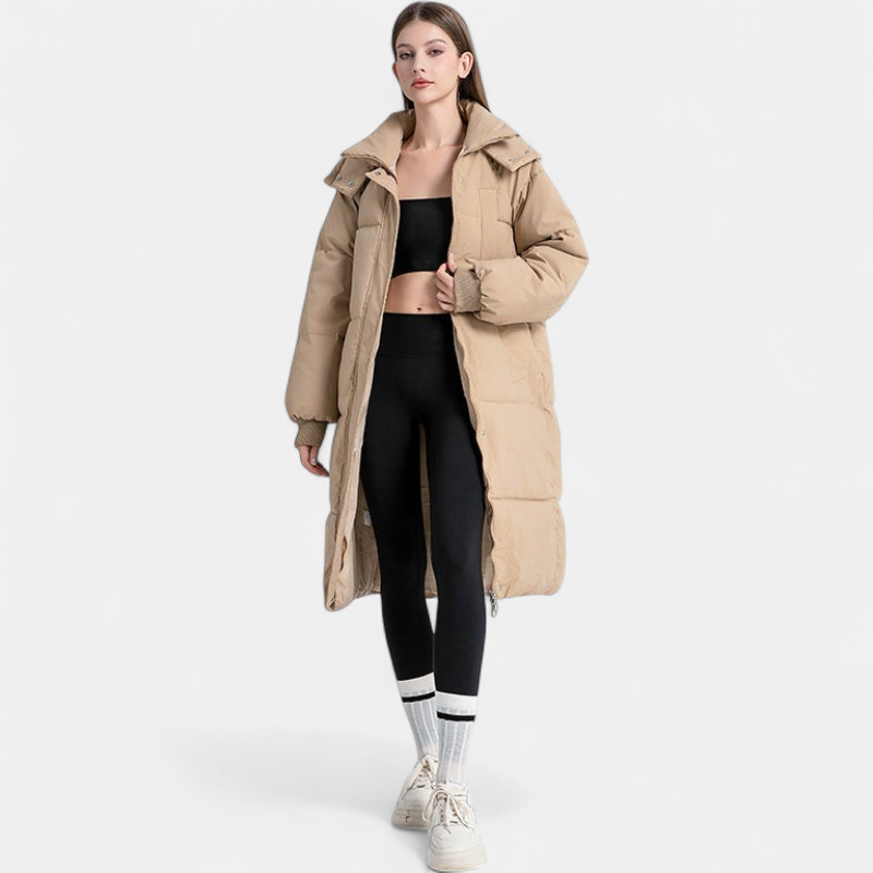 Julie - Doudoune femme longue d'hiver oversize à capuche avec coupe droite