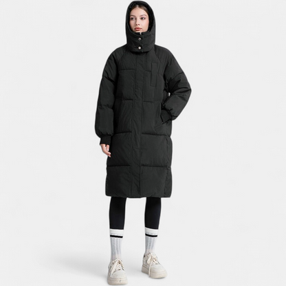 Julie - Doudoune femme longue d'hiver oversize à capuche avec coupe droite