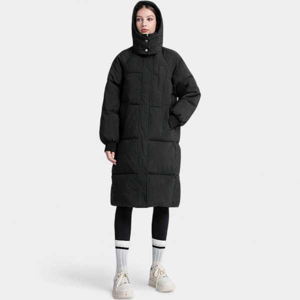 Julie - Doudoune femme longue d'hiver oversize à capuche avec coupe droite