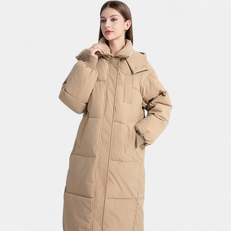 Julie - Doudoune femme longue d'hiver oversize à capuche avec coupe droite