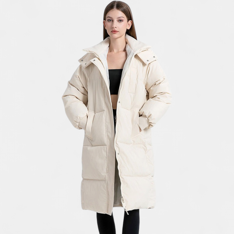 Julie - Doudoune femme longue d'hiver oversize à capuche avec coupe droite