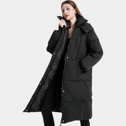 Julie - Doudoune femme longue d'hiver oversize à capuche avec coupe droite
