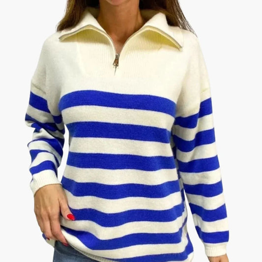 Julie - Pull femme en maille zippé et rayé décontracté à manches longues