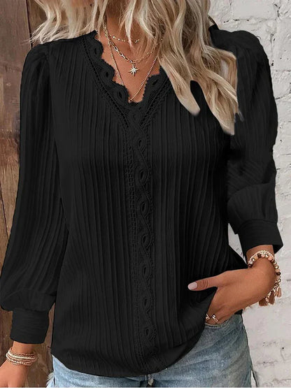Juliette - Blouse Femme Confortable à Manches Longues et Col en V Ajouré