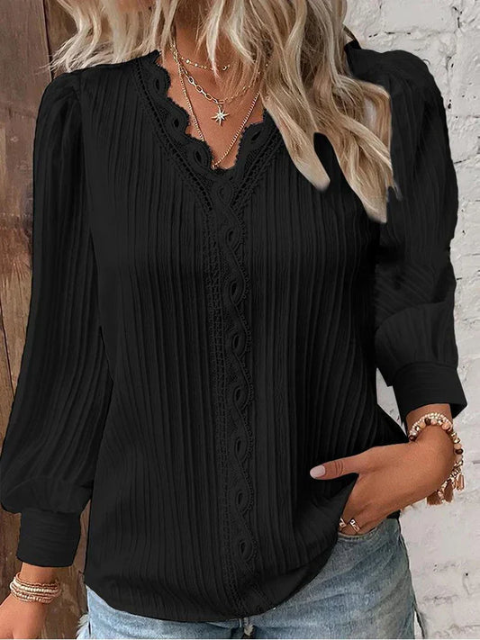 Juliette - Blouse Femme Confortable à Manches Longues et Col en V Ajouré