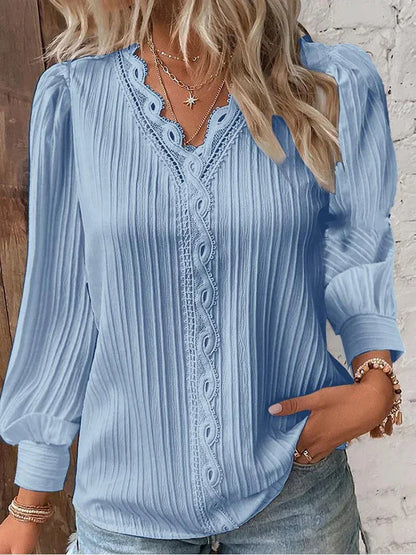 Juliette - Blouse Femme Confortable à Manches Longues et Col en V Ajouré