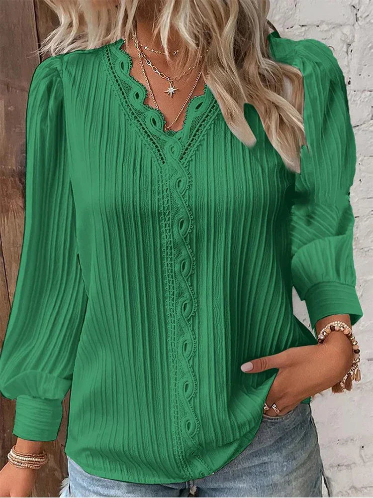 Juliette - Blouse Femme Confortable à Manches Longues et Col en V Ajouré