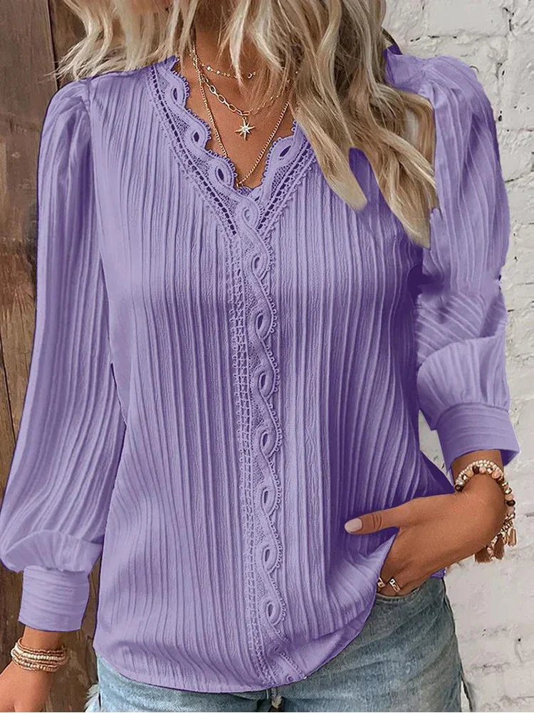 Juliette - Blouse Femme Confortable à Manches Longues et Col en V Ajouré