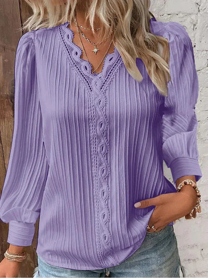Juliette - Blouse Femme Confortable à Manches Longues et Col en V Ajouré