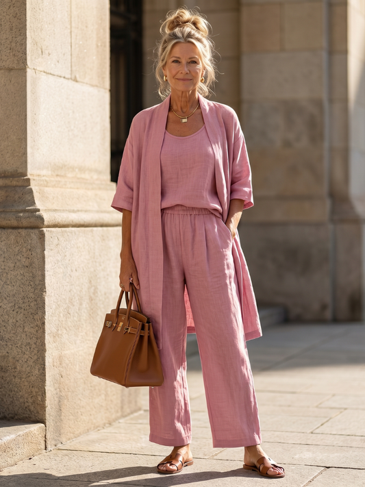 Juliette - Ensemble 3 Pièces en Lin Femme Chic avec Cardigan Long et Pantalon Fluide