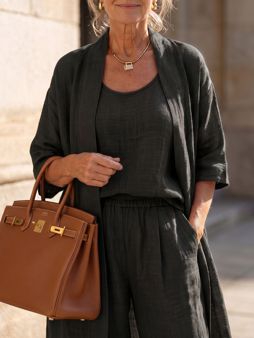 Juliette - Ensemble 3 Pièces en Lin Femme Chic avec Cardigan Long et Pantalon Fluide