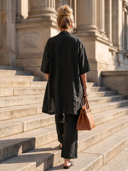 Juliette - Ensemble 3 Pièces en Lin Femme Chic avec Cardigan Long et Pantalon Fluide