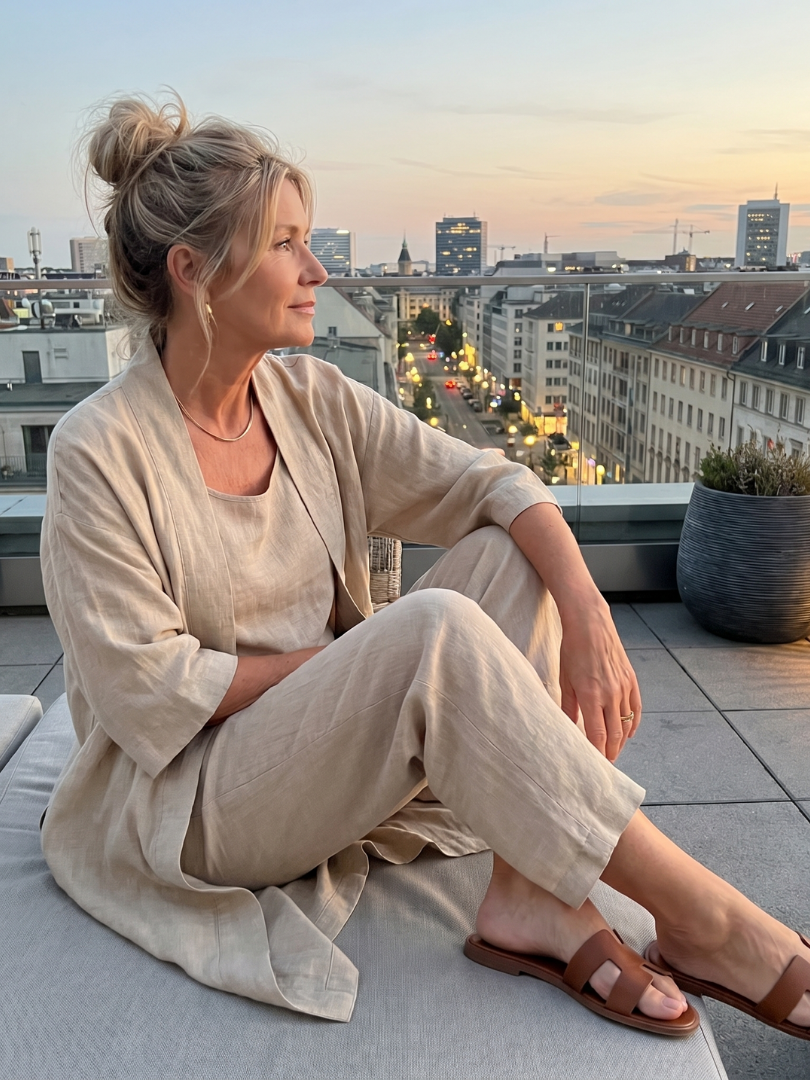 Juliette - Ensemble 3 Pièces en Lin Femme Chic avec Cardigan Long et Pantalon Fluide
