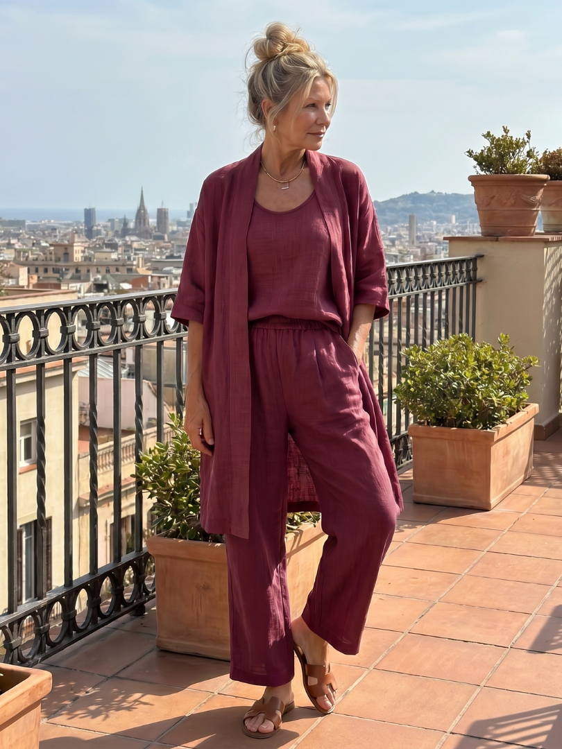 Juliette - Ensemble 3 Pièces en Lin Femme Chic avec Cardigan Long et Pantalon Fluide