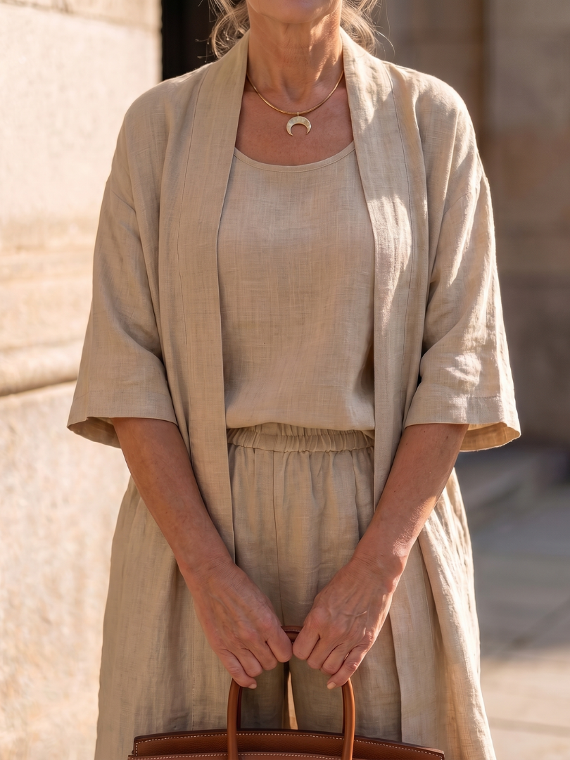 Juliette - Ensemble 3 Pièces en Lin Femme Chic avec Cardigan Long et Pantalon Fluide
