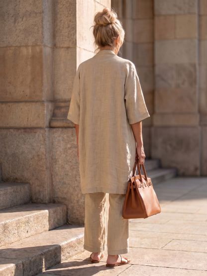 Juliette - Ensemble 3 Pièces en Lin Femme Chic avec Cardigan Long et Pantalon Fluide