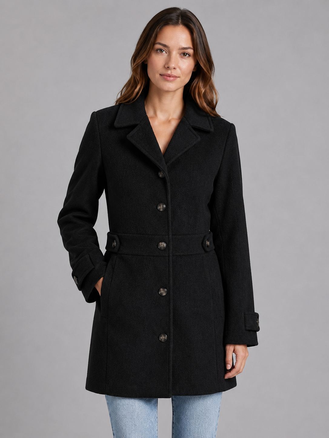 Juliette - Manteau Femme Classique Boutonné avec Col Tailleur et Ceinture