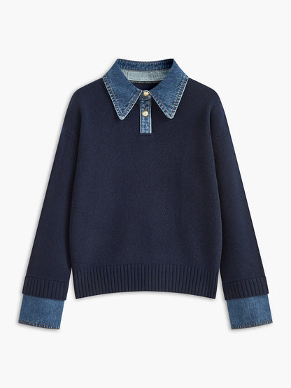 Juliette - Pull Femme Maille Col Polo avec Manches Longues et Poignets Côtelés