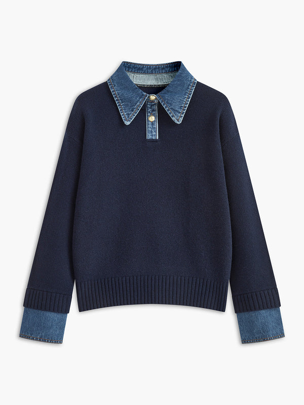 Juliette - Pull Femme Maille Col Polo avec Manches Longues et Poignets Côtelés