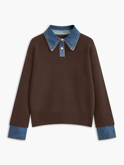 Juliette - Pull Femme Maille Col Polo avec Manches Longues et Poignets Côtelés