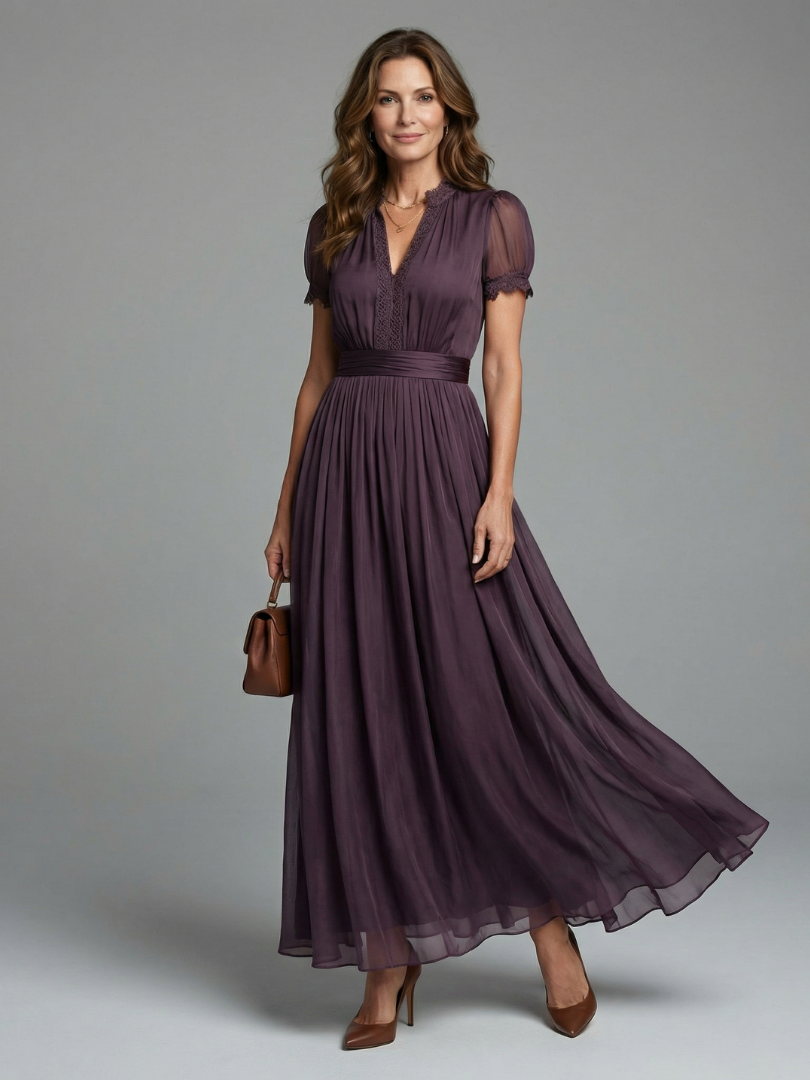 Juliette - Robe Longue Femme Chic avec Manches Papillon et Taille Smockée
