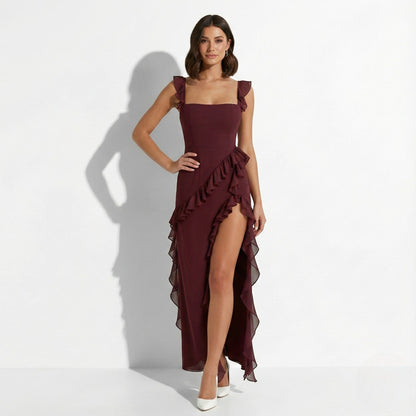 Juliette - Robe Longue Femme de Soirée pour l'Automne avec Volants et Fente