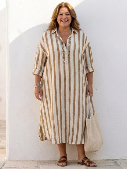 Juliette - Robe Maxi en Lin Femme Vintage avec Col Chemise et Manches 3/4