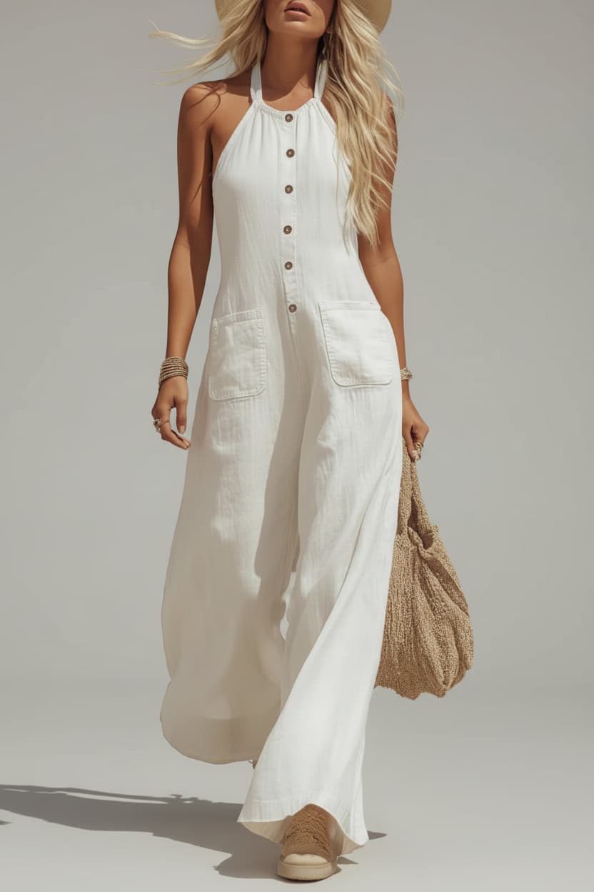 Justine - Combinaison Large en Lin Femme Bohème avec Col Halter et Jambe Évasée