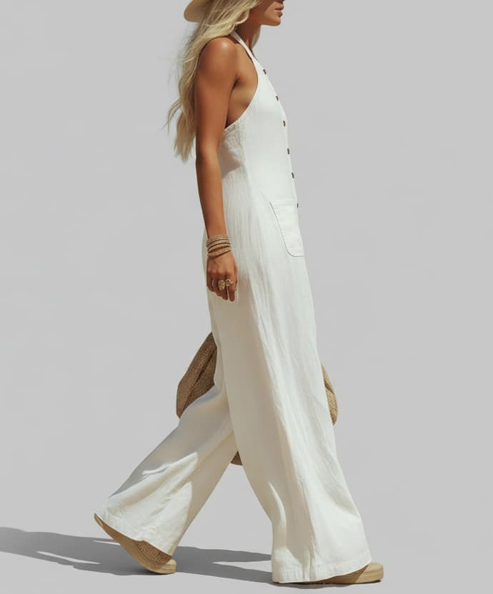 Justine - Combinaison Large en Lin Femme Bohème avec Col Halter et Jambe Évasée