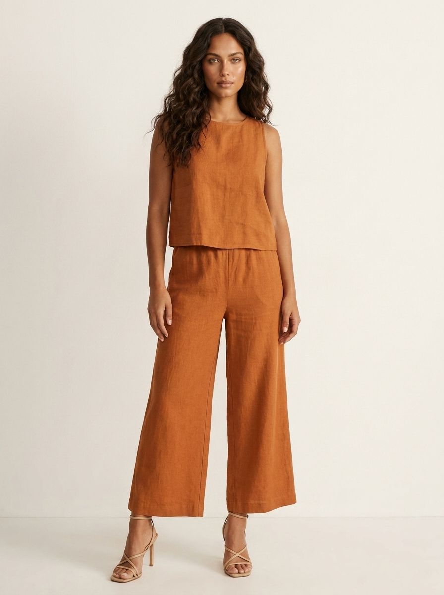 Léa - Ensemble en Lin Femme Moderne avec Top Sans Manches et Pantalon Large Palazzo