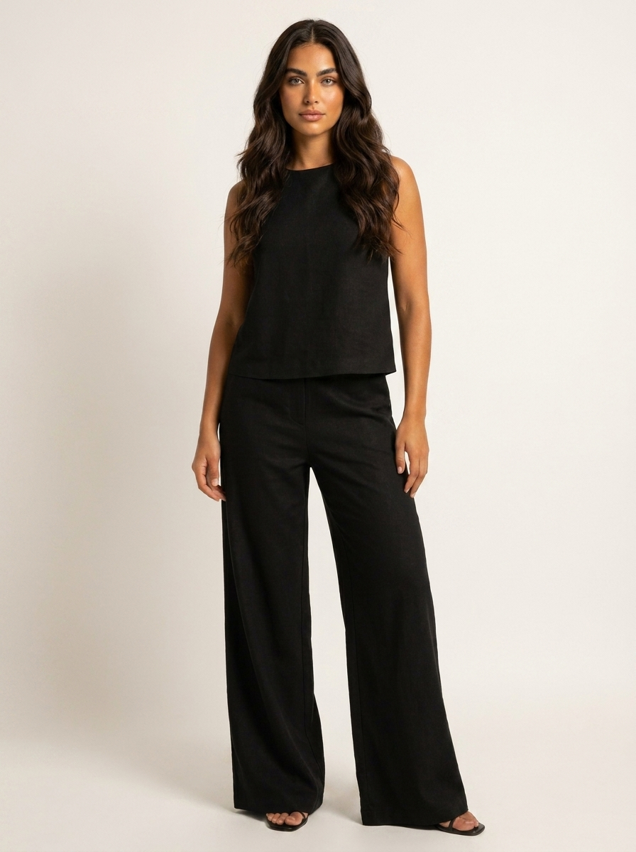 Léa - Ensemble en Lin Femme Moderne avec Top Sans Manches et Pantalon Large Palazzo