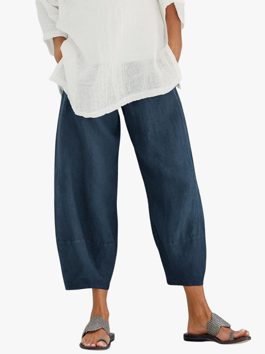 Léa - Pantalon en Lin Femme Bohème Ballon avec Bas Resserré et Taille Élastiquée