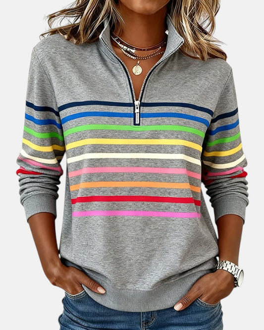 Léa - Pull Femme Casual Zippé avec Col Montant et Rayures Contrastées