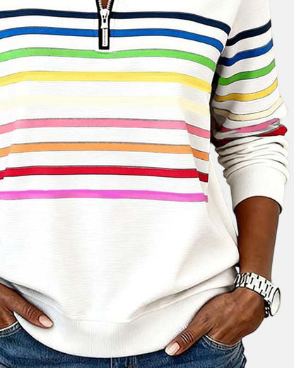 Léa - Pull Femme Casual Zippé avec Col Montant et Rayures Contrastées
