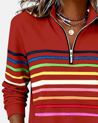 Léa - Pull Femme Casual Zippé avec Col Montant et Rayures Contrastées