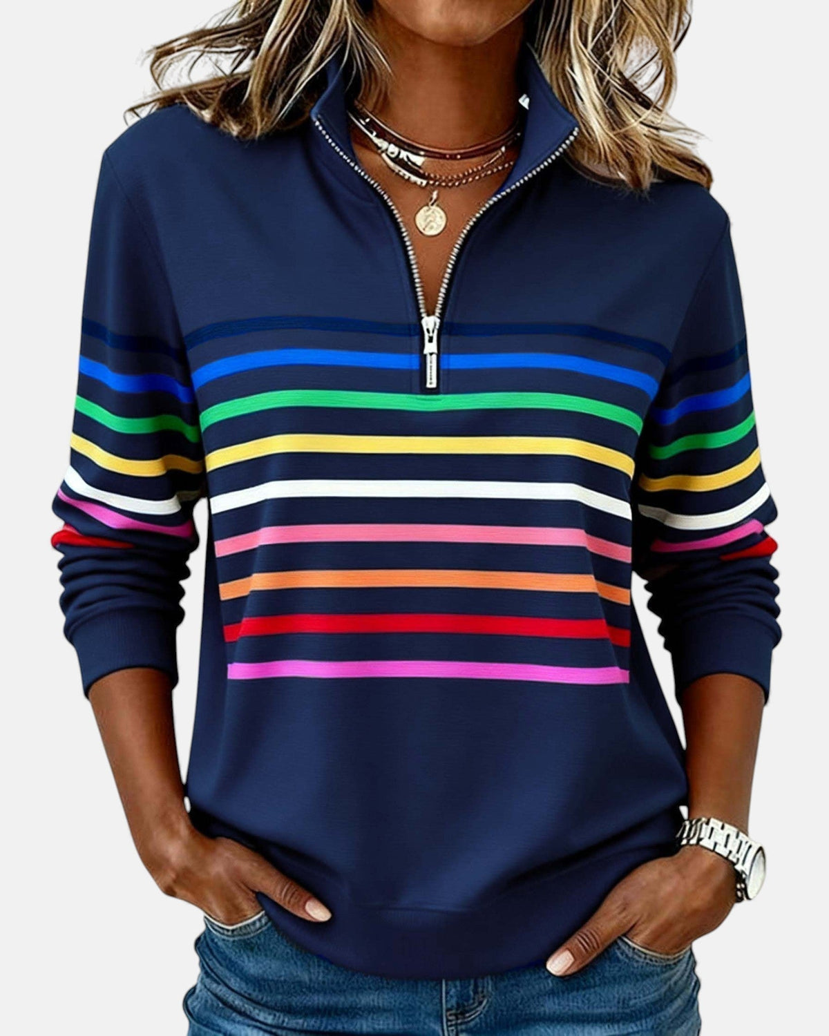 Léa - Pull Femme Casual Zippé avec Col Montant et Rayures Contrastées