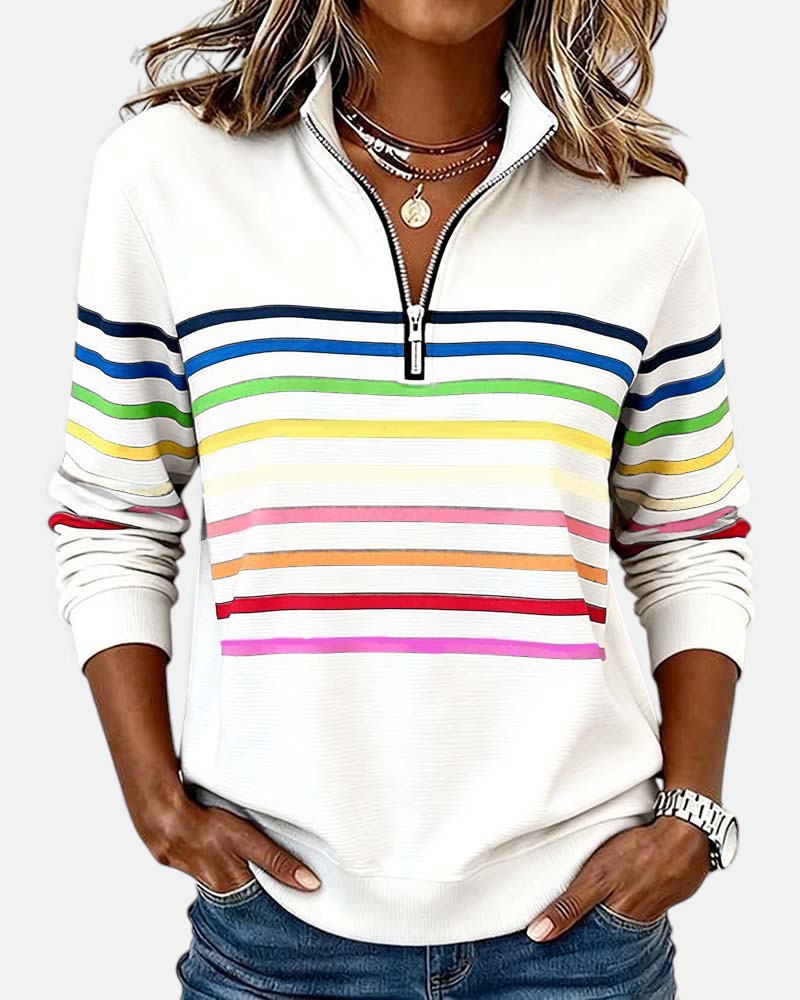 Léa - Pull Femme Casual Zippé avec Col Montant et Rayures Contrastées