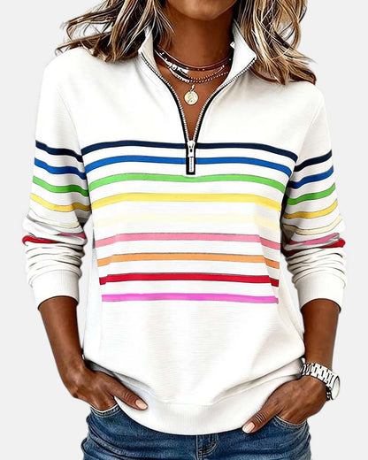 Léa - Pull Femme Casual Zippé avec Col Montant et Rayures Contrastées
