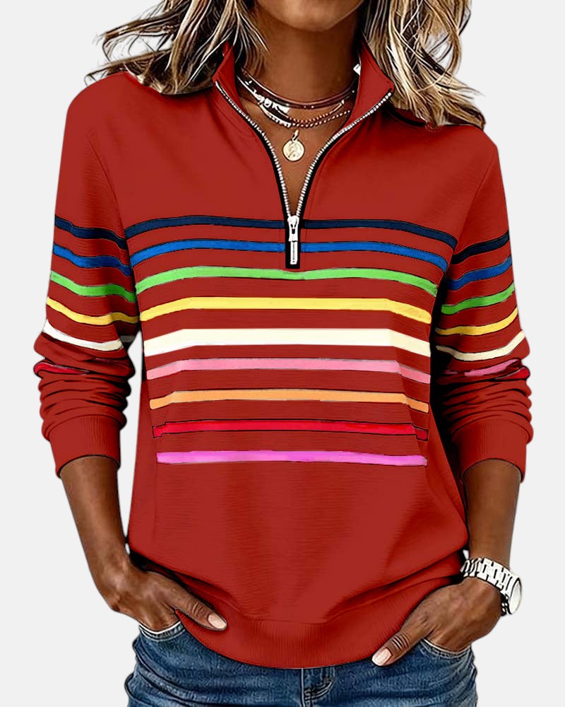 Léa - Pull Femme Casual Zippé avec Col Montant et Rayures Contrastées