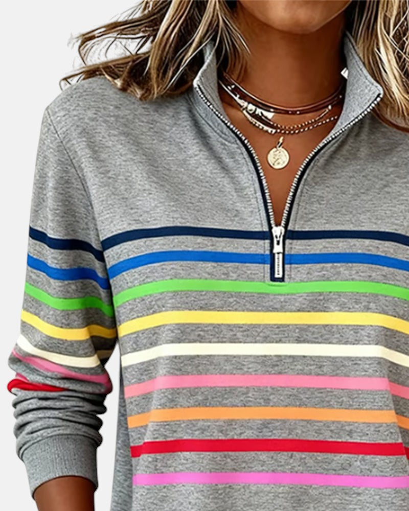 Léa - Pull Femme Casual Zippé avec Col Montant et Rayures Contrastées